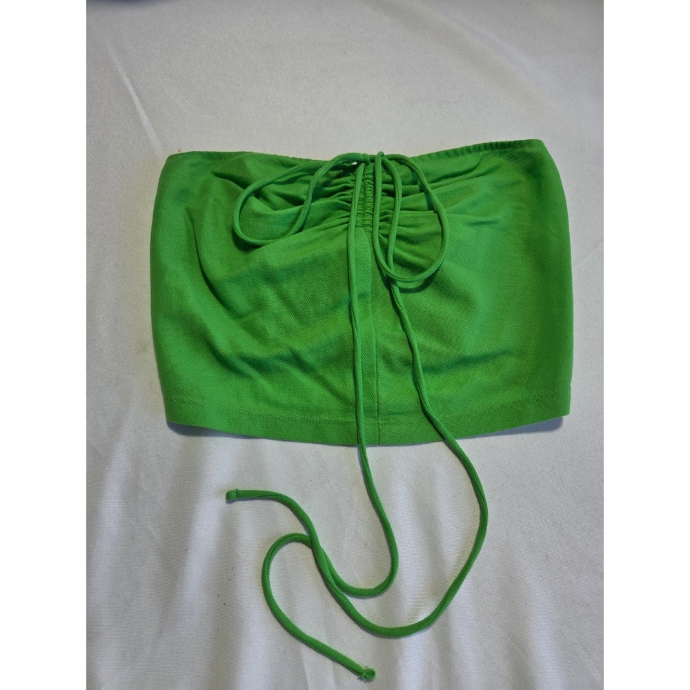 Zara Green Ruched Drawstring Tube Top Smocked Back Strapless Crop Top Size M